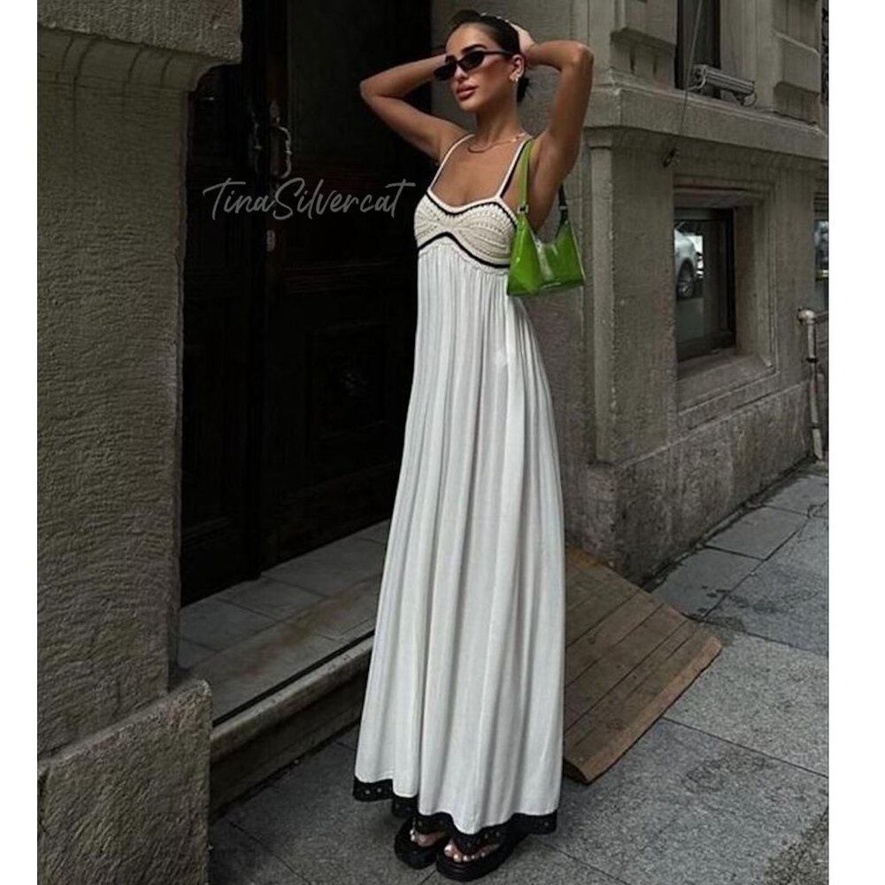 Zara Combination Knit Maxi Dress Ecru Black Sz M NWT - Picture 13 of 17
